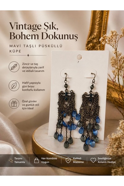 ELUNE İSTANBUL Vintage Mavi Taşlı Zincir Detaylı Sallantılı Kadın Küpe