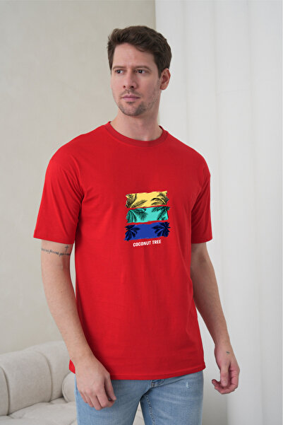 caddekombin Tricou roșu pentru bărbați, cu tematică tropicală, cu imprimeu cu...