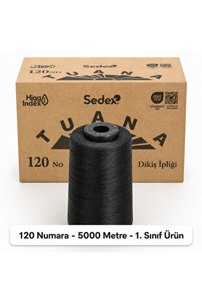 Tuana İplik Tuana Polyester Dikiş İpliği 120 Numara 5000 Metre Siyah Tekli Bo...