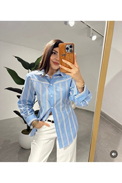 HAZELANNA Yandan Düğmeli Vatkalı Çizgili Mavi Gömlek