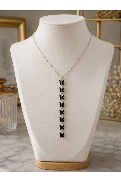 ERH Silver Color Steel Necklace with Butterfly Figure and Black Stone – Styli...