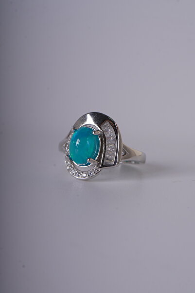 Aksesuaring 6*8mm Mavi Opal Taşlı Gümüş Yüzük