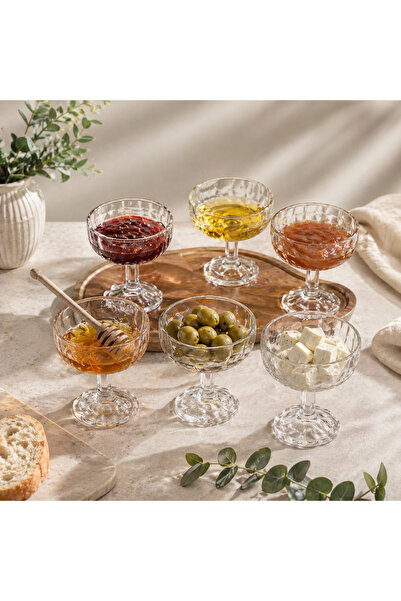Roza Cam Ayaklı Kase 6’lı Set – Şık Sunumluk, Reçellik, Kahvaltılık & Lokumluk