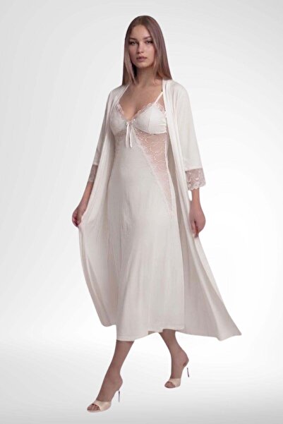 Mecit Pijama طقم ثوب نوم نسائي من قماش الفيسكون من Mecit 6380 Ecru