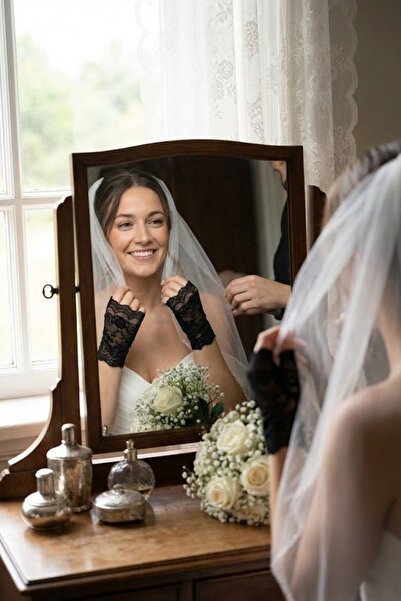 Hobigram Velmirel Lace Siyah Gelin Eldiveni – Dantel İşlemeli Vintage Şıklık Nikah & Düğün Aksesuarı