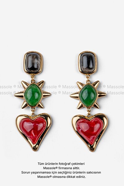 MASSOLE Women's Gold Antique Design Colorful Stone Earrings Red Heart and Gre...