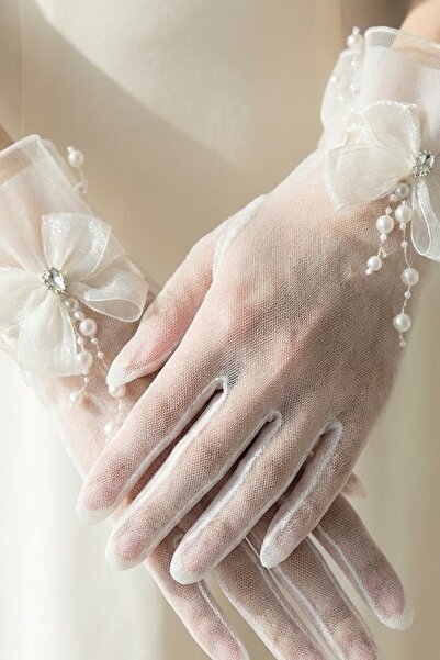 Hobigram Serelune Beyaz Drop Tül Gelin Eldiveni – Taşlı Fiyonk ve Sarkan İncili Nikah Aksesuarı