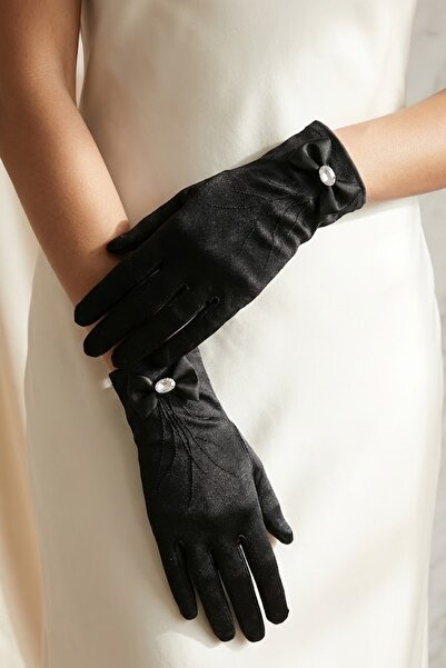 Hobigram Lusavien Πέτρινα Λεπτομερή Μαύρα Σατέν Γάντια Νύφης – Κομψό Αξεσουάρ...