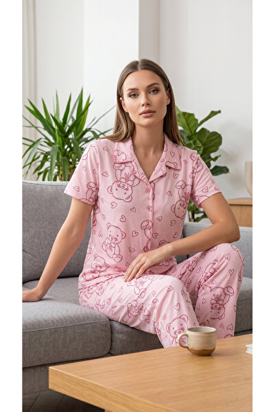 Asluna Kadın Pembe Ayıcık Desenli Pijama Takımı Kısa Kollu Rahat Alt Üst
