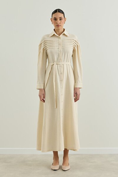 Merve Gültekin Beige ribbed detail shirt dress