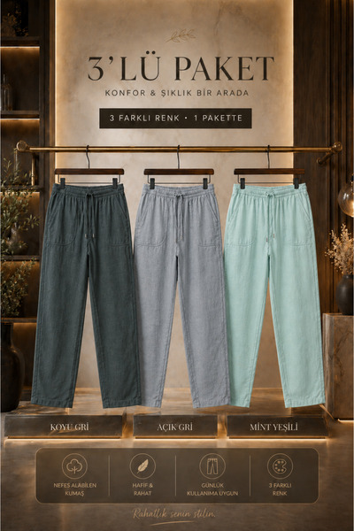 DAMGA JEANS 3 τεμάχια ανδρικά ελαστικά καλοκαιρινά λινά παντελόνια με ψηλή μέση