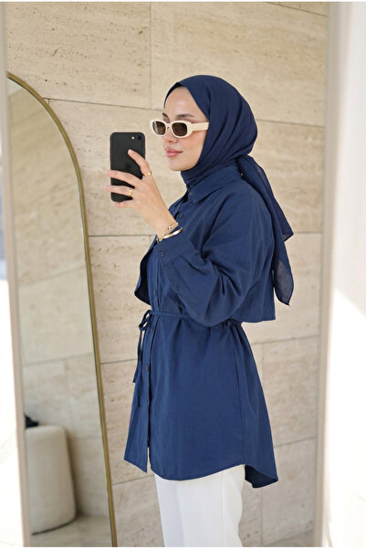 Kirazca Butik Γυναικείο πουκάμισο με λεπτομέρεια κάπας και ζώνη