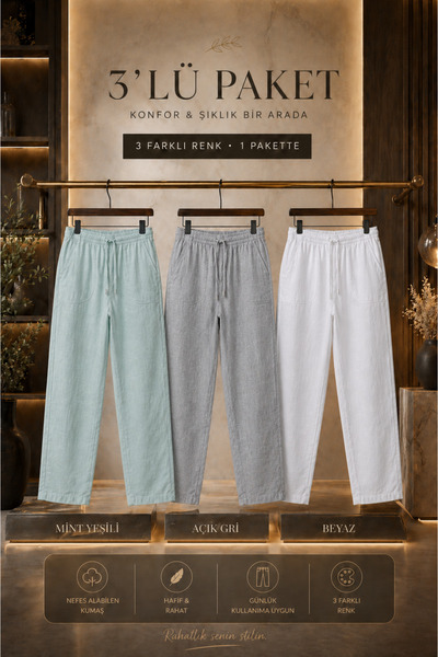 DAMGA JEANS 3 τεμάχια ανδρικά ελαστικά καλοκαιρινά λινά παντελόνια με ψηλή μέση