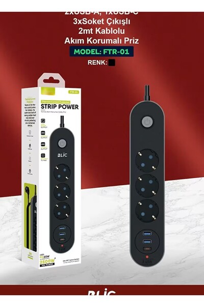 HİBOTEKNO FTR-01 Akım Korumalı Priz 3 Priz 3 USB 1 Type-C Hızlı Şarj Çoklu Priz