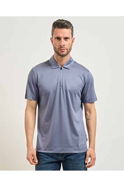 BOSS Erkek Regular Fit Yarım Fermuarlı Kısa Kollu Lacivert Polo Yaka T-Shirt