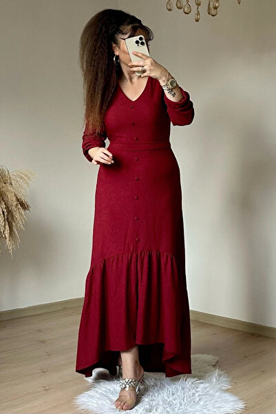 AZRA BUTİK Μακρυμάνικο Ρομαντικό Φόρεμα Βουργουνδίας