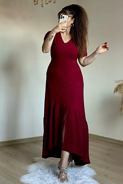 AZRA BUTİK Κοντομάνικο Ρομαντικό Φόρεμα Βουργουνδίας