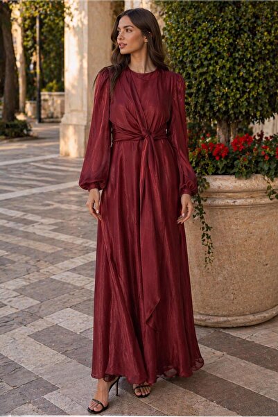 TRENDTESETTÜR KADIN BORDO BAĞLAMA DETAYLI ABİYE ELBİSE T 9126