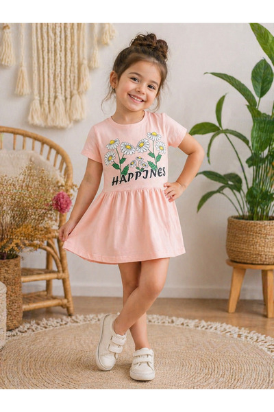 kahkaha kids Kız Çocuk Papatya Baskılı Kısa Kollu Elbise Yazlık Rahat Günlük ...