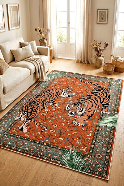Decomia Home Dijital Kaymaz Yıkanabilir Renkli Çiçek Desenli Salon Halısı Mut...