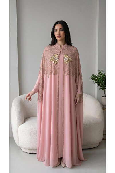 MİSS DİAMOND Önü Gold Taş İşlemeli Pudra Abaya