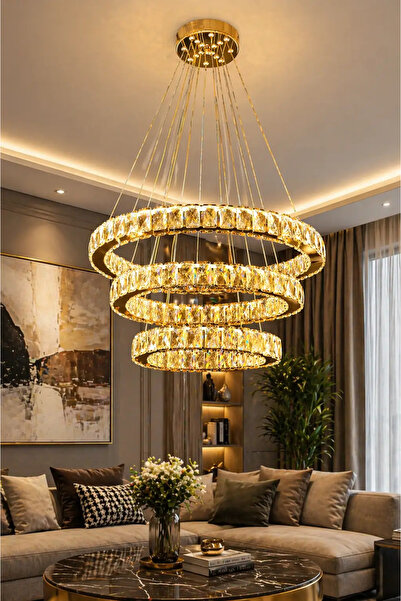 ARMONİDEKOR 3 Katlı Yuvarlak Kristal Kumandalı Led Avize