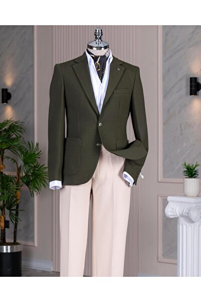 TerziAdemAltun İtalyan stil slim fit mono yaka erkek tek ceket haki T14806