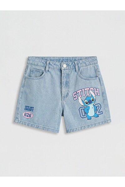 LC Waikiki Pantaloni scurți din denim pentru fete, cu imprimeu Stitch