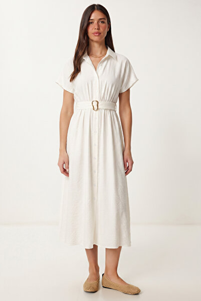 Lovelyİstanbul Καλοκαιρινό φόρεμα πουκάμισο με ζώνη LGX0009 ECRU