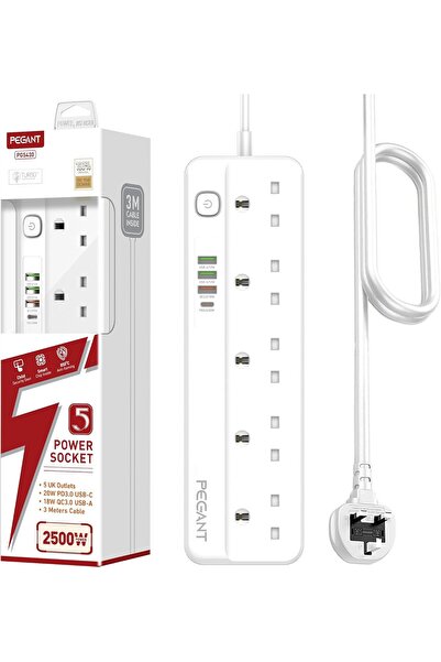 PEGANT 5 Way Power Extension Cord with USB, 1x 20W USB-C PD, 3x USB-A QC Fast...