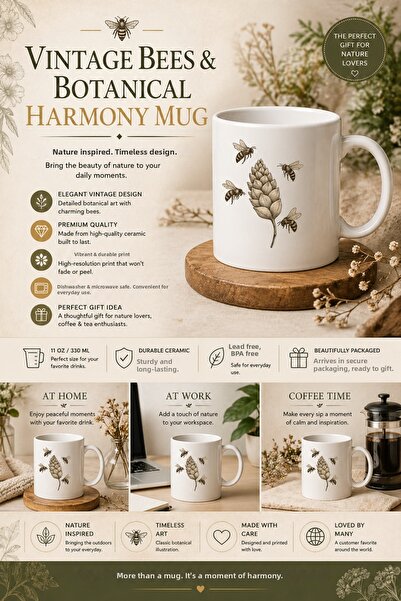 Rabona Fashion Vintage Bees & Botanical Harmony Mug – Elegant Nature Design