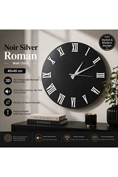 LotusLazer Tasarım Noir Silver Roman – 40X40 cm Black and White Roman Numeral...