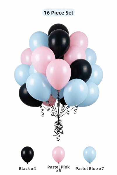 BALOMİS Macaron Blue Black Balloon Set 16 Pieces Adult Birthday Decoration Pa...