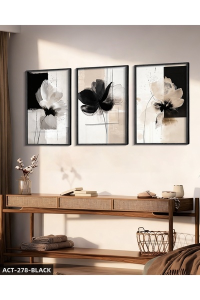 Evinemoda Boho Style Flower 3 Piece Wooden Framed Painting Act