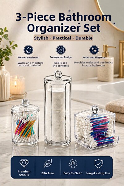 TBYSHOP 3-Piece Bathroom Organizer Set Cotton Swab Holder, Cotton Swab Box, D...