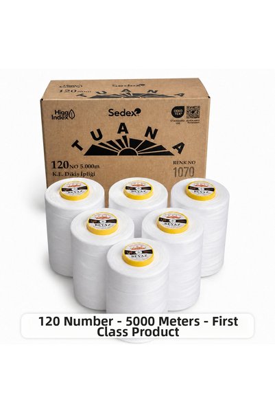 Tuana İplik Tuana Polyester Sewing Thread 120 Number 5000 Meters White 6-Piec...