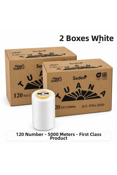 Tuana İplik Tuana 120 Number 5000 Meter Polyester Sewing Thread - 2 Boxes Whi...
