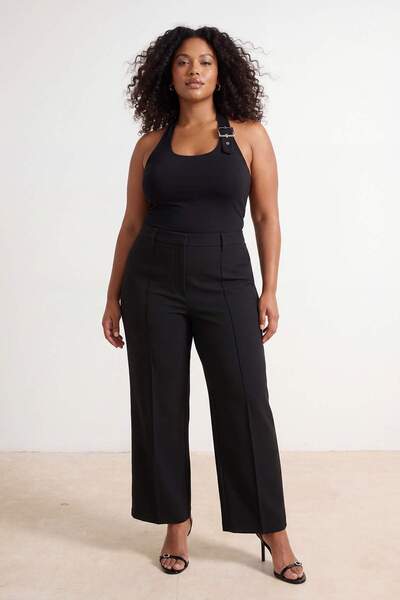 Trendyol Curve Μαύρο ίσιο/φαρδύ υφαντό παντελόνι με ραφές στην ψηλή μέση TBBS...