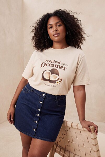 Trendyol Curve Stone Coconat bedrucktes, locker sitzendes, gestricktes T-Shir...