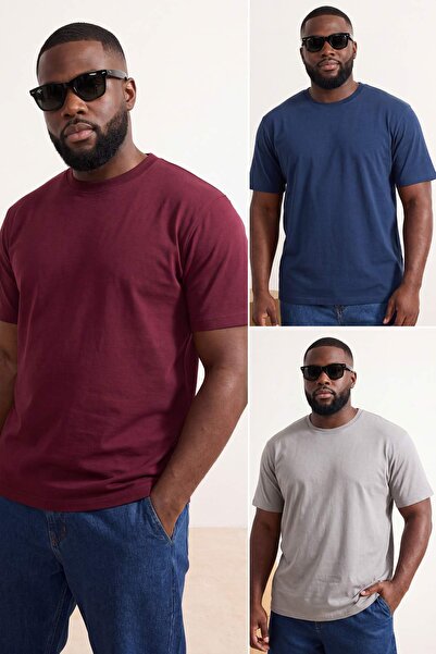 Trendyol Collection بورجوندي - أزرق داكن - رمادي - قميص تي شيرت بقصة عادية/مر...