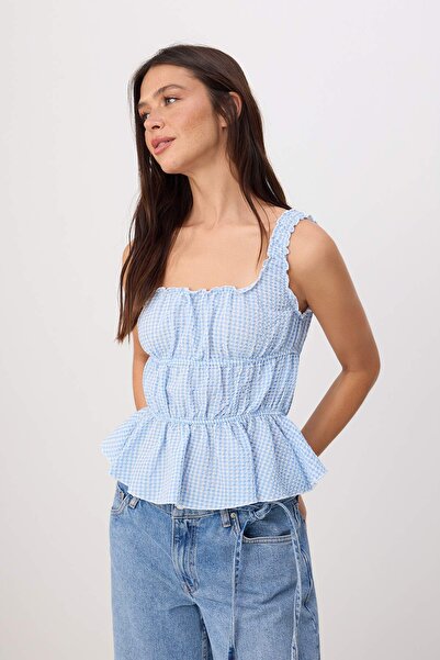 Συλλογή Trendyol Ανοιχτό μπλε καρό υφαντή μπλούζα με υφή γκοφρέ TWOSS26BZ00492