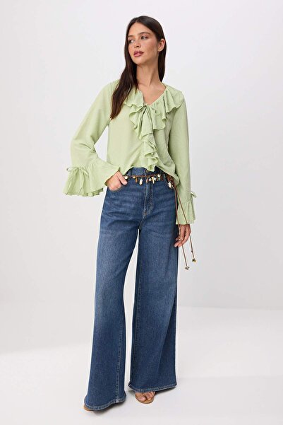 Συλλογή Trendyol Ανοιχτό πράσινο Λεπτομέρεια με βολάν Υφαντό Μπλούζα TWOAW26B...