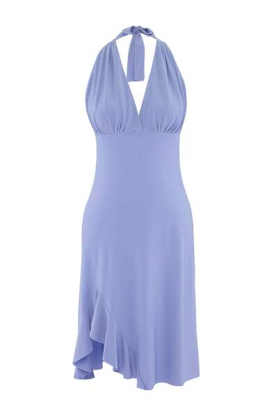 Συλλογή Trendyol Ανοιχτό/Μπλε Πλεκτό Φόρεμα Skater με Λαιμόκοψη Halter και Βο...