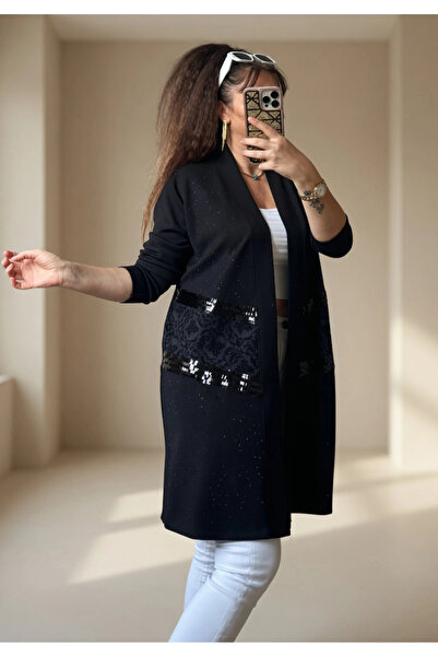 AZRA BUTİK Ζακέτα τουνίκ με λεπτομέρειες από πούλιες και ανάγλυφα σχέδια, μαύρη