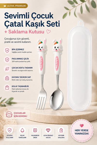jojobebek Beyaz Renk Tavşan Figürlü Premium Çocuk BPA Free Paslanmaz Çelik Uç...