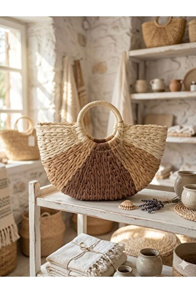 Axesoire NWC-1032 Χειροποίητη πλεκτή μπεζ ψάθινη τσάντα