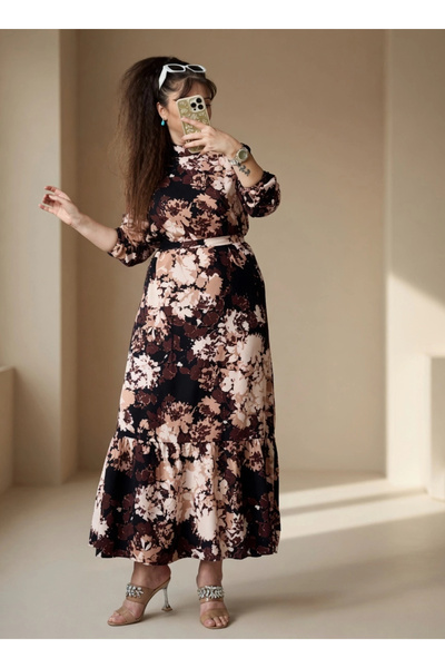 AZRA BUTİK Turtleneck Coffee Floral Dress