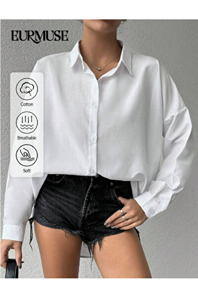 BORCKA TEKSTİL Λευκό Oversize Γυναικείο Πουκάμισο με Λεπτομέρεια Μονής Τσέπης