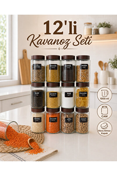 naturelove 12 Adet Hava Almaz Kapaklı Cam Kavanoz Erzak Saklama Kabı 1000 ml ...