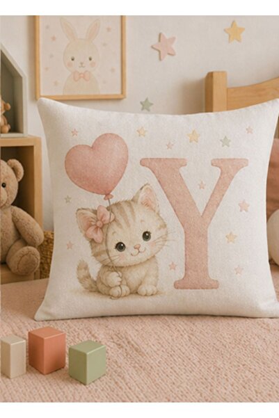 KADOREX DESIGN Sevimli Kedicik Harfli Bebek Odası Kırlent Kılıfı (40 x 40) cm